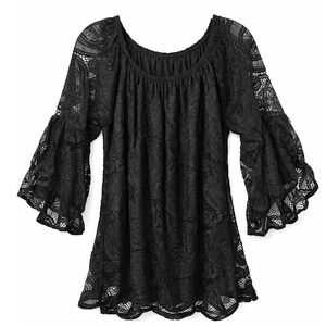 Lildy Full Lace Tunic Black Floral Bell Sleeve Off Shoulder Boho Top NWT L-XL